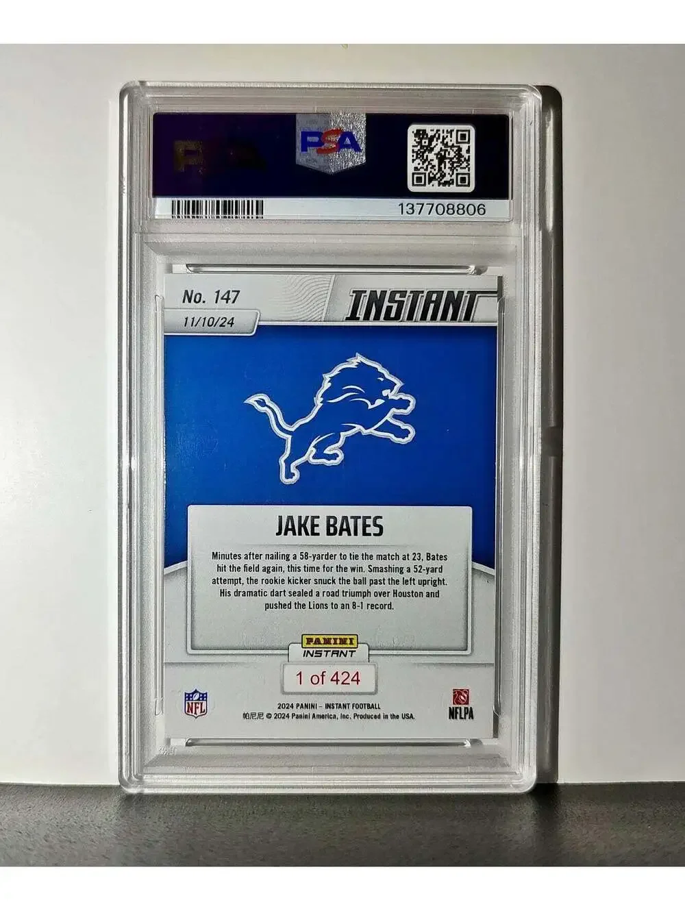 Jake Bates Rookie 2024 Panini NFL #147 Detroit Lions PSA 10 Auto 9